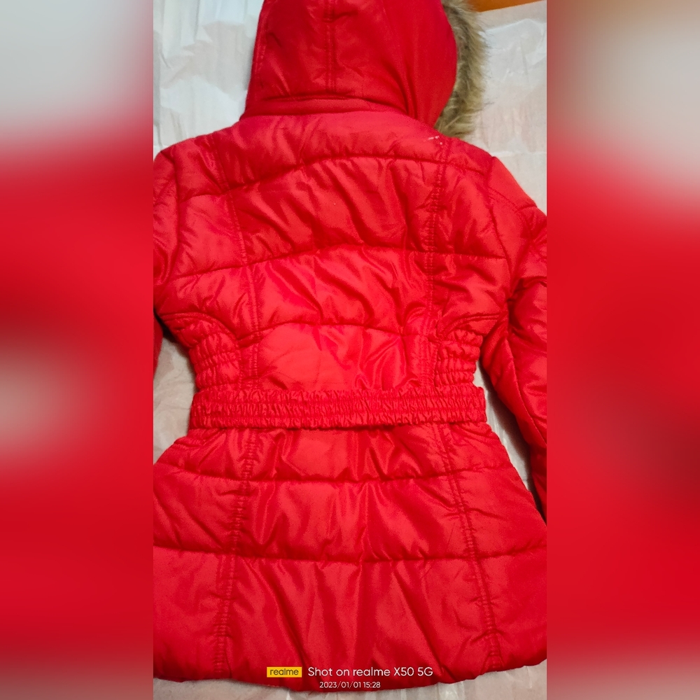 RAMPAGE bright red faux fur trim HOODED jacket L